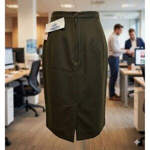 Isaac Hazan Vintage Women's Olive Green Wool Button and Zip Midi Skirt. Size 12